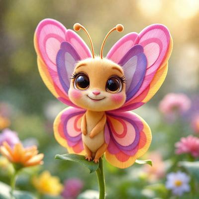 The primary subject of the image is a small, colorful butterfly figurine, which is sitting on a green leaf. The setting is a garden, with a variety of flowers surrounding the butterfly. The visual style is a combination of photo and digital art, creating a vibrant and lively atmosphere. The colors and mood of the image are predominantly bright and cheerful, with the butterfly figurine being the focal point of the scene.